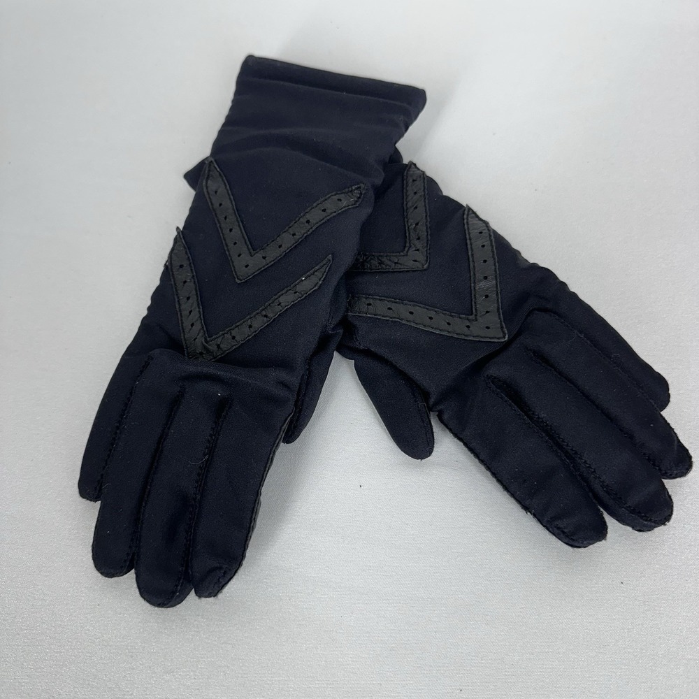 Isotoner‎ Driving Gloves Women O/S Black Stretch Lined Leather Trim Chevron VTG